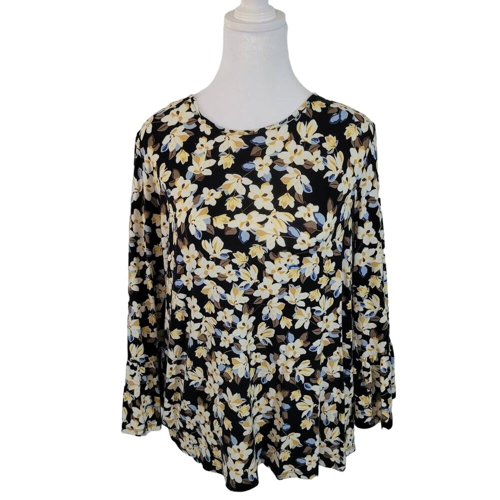 J. Jill Wearever Size S Round Neck Floral Pullover Flare Bell Sleeve Top Black